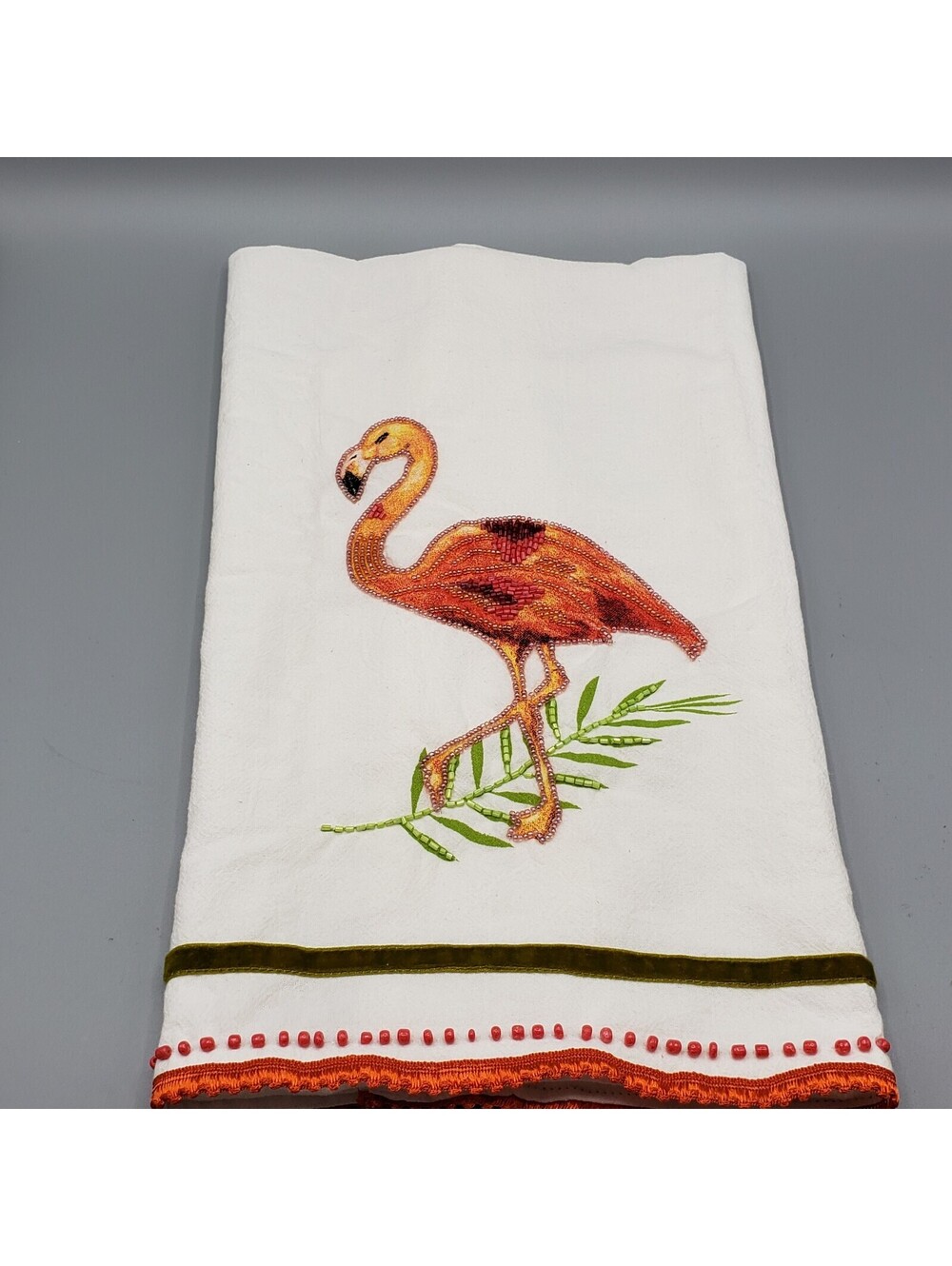 Pier 1 Flamingo Cotton Tea Towel Beaded Accents Velvet Ribbon Trim NWOT